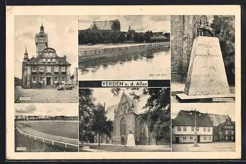 AK Verden a. d. Aller, Rathaus, Dom, Reiter-Ehrenmal, Raths-Apotheke