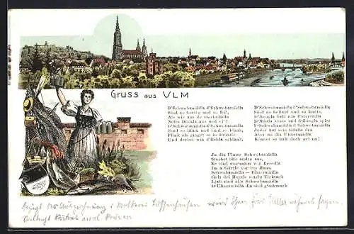 Lithographie Ulm / Donau, Stadtpanorama, Münster, Donau, Schwäbisches Trachtenmotiv