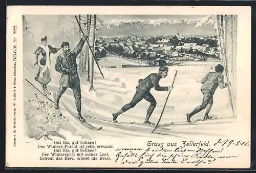Künstler-AK Zellerfeld, Skifahrer vor verschneiter Stadt