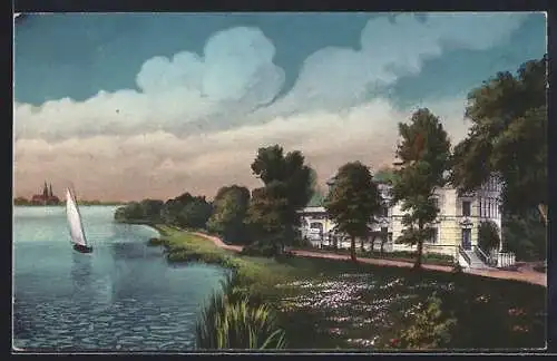 AK Altruppin, Hotel St. Hubertus, Seeufer, Segelboot