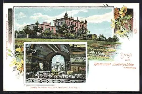 Lithographie Starnberg, Restaurant Ludwigshöhe, Saal mit Denkmal Ludwig II