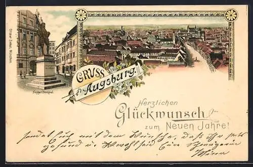 Lithographie Augsburg, Stadtpanorama, Fugger-Denkmal
