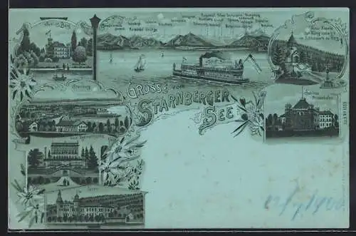 Mondschein-Lithographie Berg / Starnberger See, Hotel Rottmannshöhe, Dampfschiff, Schloss Possenhofen, Schloss Berg