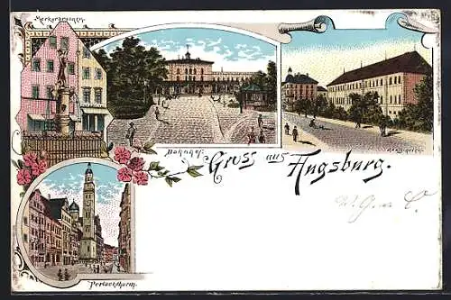 Lithographie Augsburg, Perlachturm, Merkurbrunnen, Bahnhof, Realschule