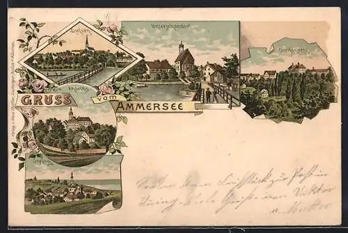 Lithographie Unterschondorf /Ammersee, Diessen, Andechs, Inning und Greifenberg