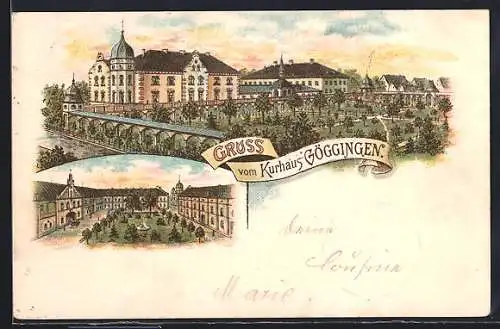 Lithographie Göggingen / Augsburg, Kurhaus, Gartenanlagen