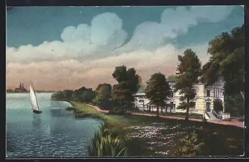 AK Altruppin, Hotel St. Hubertus, Seeufer, Segelboot