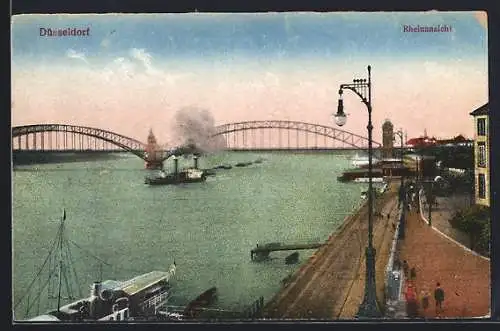 AK Düsseldorf, Rheinansicht mit Brücke und Schiffen