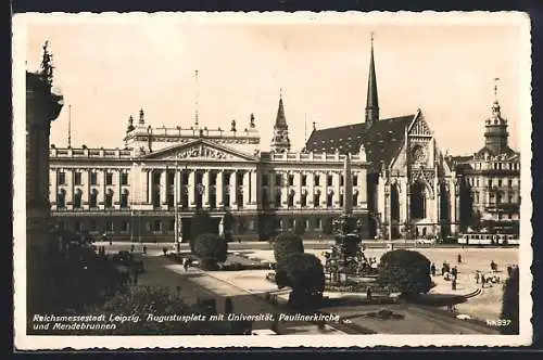 AK Leipzig, Augustusplatz mit Universität, Paulinerkirche und Mendebrunnen