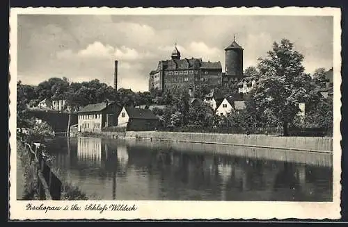 AK Zschopau i. Sa., Flusspartie am Schloss Wildeck