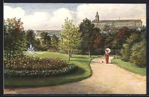 Künstler-AK Rudolstadt, Bahnhofsplatz mit spazierender Dame und Hund