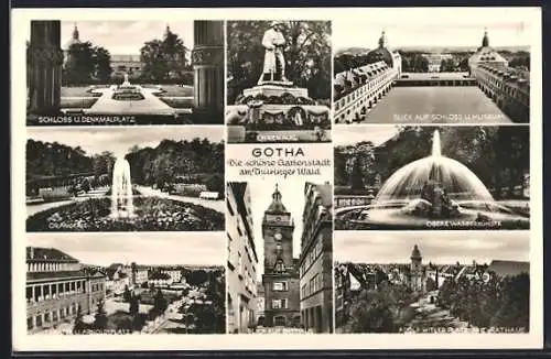 AK Gotha, Schloss u. Denkmalplatz, Orangerie, Ehrenmal, Obere Wasserkünste u.a.