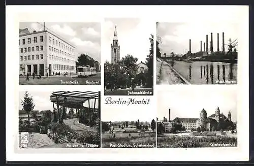AK Berlin-Moabit, Turmstrasse mit Postamt, Johanniskirche, Westhafen, Kriminalgericht, Post-Station, Schwimmbad