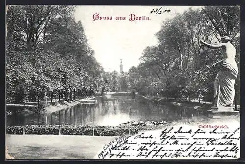 AK Berlin, Partie am Goldfischteich mit Luisen-Statue