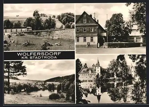 AK Wolfersdorf / Orla, HO-Gasthaus Schlüsselgrund, Schloss Fröhliche Wiederkunft, Waldbad