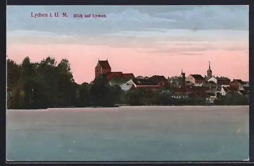 AK Lychen i. U. M., Blick auf den Ort mit Kirche