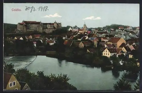 AK Colditz, Gesamtansicht mit Wasser im Vordergrund