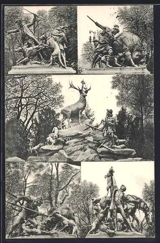 AK Berlin-Tiergarten, Grosser Stern, Hasenjagd, Büffeljagd, Hubertusbrunnen