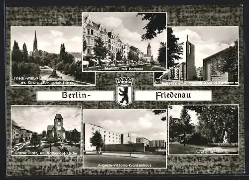 AK Berlin-Friedenau, Rheinstr. mit Rathaus, Auguste-Viktoria-Krankenhaus, Wappen