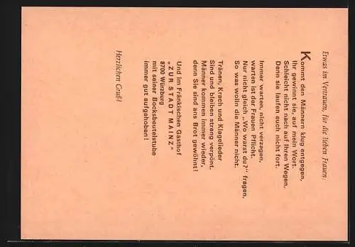 Künstler-AK Würzburg, Gasthof Stadt Mainz K. Schwarzmann, Semmelstrasse 39, Ein Stammgast, Karikatur, rückseitig Gedicht
