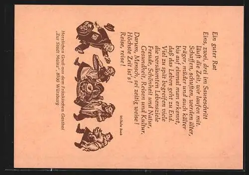 Künstler-AK Würzburg, Gasthof Stadt Mainz K. Schwarzmann, Semmelstrasse 39, Wappen, rückseitig Gedicht und Karikatur
