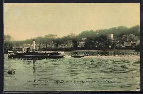 AK Issy-les-Moulineaux, Île Saint-Germain vers le Bas-Meudon avec bateau à vapeur