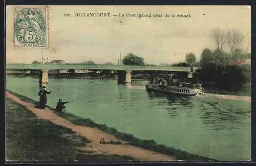 AK Billancourt, Le Pont, grand bras de la Seine, avec un bateau et des pêcheurs en bord de rivière