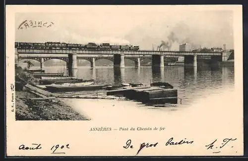 AK Asnières, Pont du Chemin de fer avec train à vapeur et péniches sur la Seine