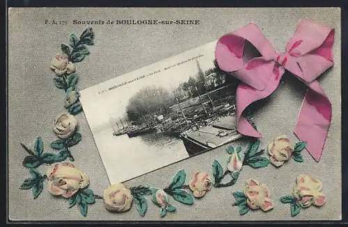 AK Boulogne-sur-Seine, Le port et quais animés avec bateaux et fleurs décoratives