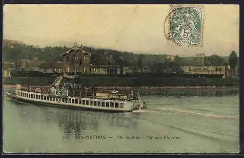 AK Bas-Meudon, Île Seguin, Tir aux Pigeons avec bateau sur la rivière