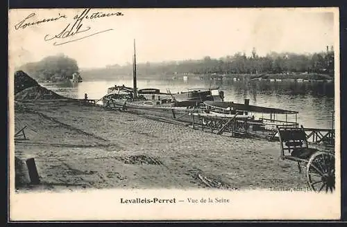 AK Levallois-Perret, Vue de la Seine avec péniches et charrette sur le quai