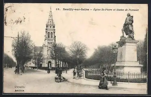 AK Neuilly-sur-Seine, Église St-Pierre et Statue de Peronnet