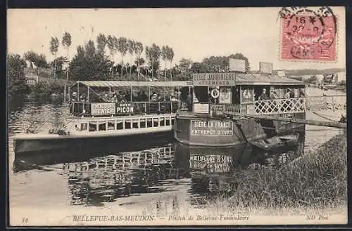 AK Bellevue-Bas-Meudon, Ponton de Bellevue-Funiculaire avec péniche et publicité Picon