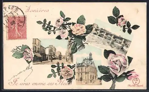 AK Asnières, Je vous envoie ces fleurs avec vues de la ville et du pont charmant