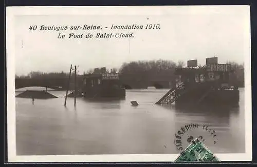 AK Boulogne-sur-Seine, Inondation 1910, Le Pont de Saint-Cloud