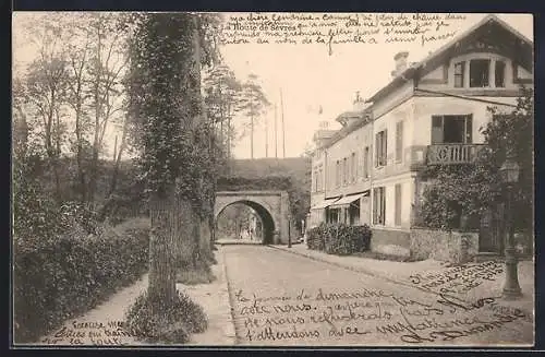 AK Ville-d`Avray, Route de Sèvres avec pont et maisons bordées d`arbres