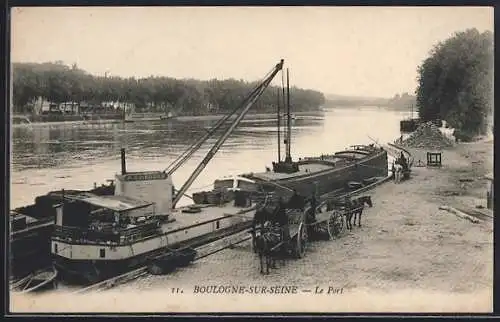 AK Boulogne-sur-Seine, Le Port avec péniche et chevaux sur le quai