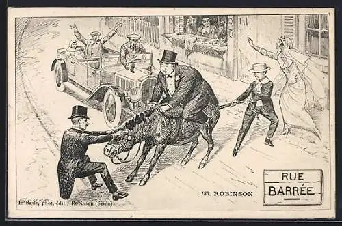 AK Robinson, Scène comique avec voiture et âne dans une rue barrée