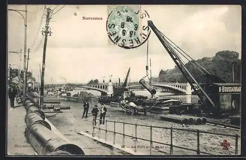 AK Suresnes, Le Port et le Pont avec grues et ouvriers en activité