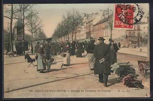 AK Neuilly-sur-Seine, Marché de l`Avenue de Neuilly avec passants et étals animés