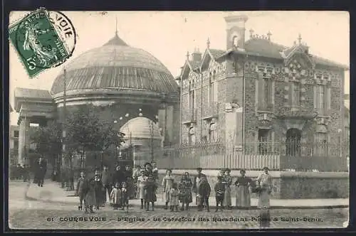 AK Courbevoie, L`Église et le carrefour des rues Saint-Pierre et Saint-Denis