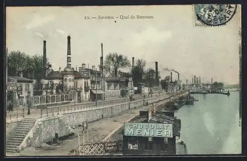 AK Suresnes, Quai de Suresnes et enseigne Chocolat Menier au bord de la Seine