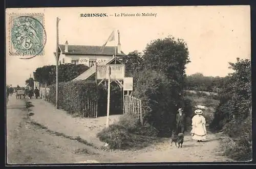 AK Robinson, Le Plateau de Malabry avec promeneurs et chien devant un café