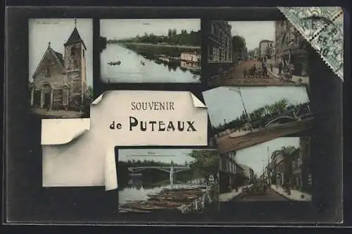 AK Puteaux, Souvenir avec vues de l`église, la rivière et les rues animées