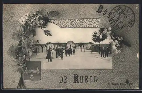 AK Rueil, Vue de la place centrale avec des habitants et décor floral