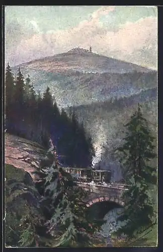 Künstler-AK Eisenbahn fährt über eine Brücke am Brocken