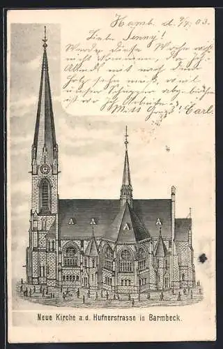 Künstler-AK Hamburg-Barmbek, Neue Kirche a. d. Hufnerstrasse