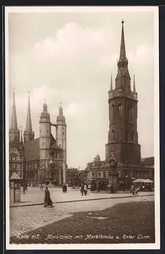 AK Halle / Saale, Marktplatz mit Marktkirche und Rotem Turm