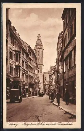 AK Leipzig, Burgstrasse mit Geschäften und Thomaskirche