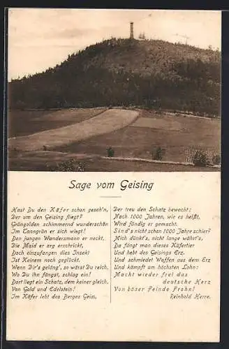 AK Geising, Panorama mit Turm, Sage vom Geising